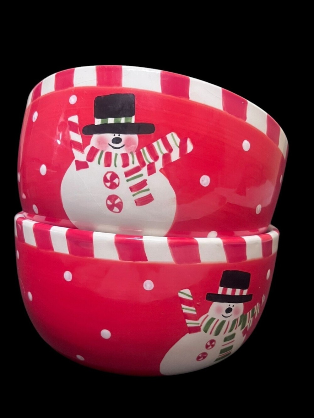 Set Of 2 Red Ceramic Snowman Christmas Bowls White Interior Holiday Decor